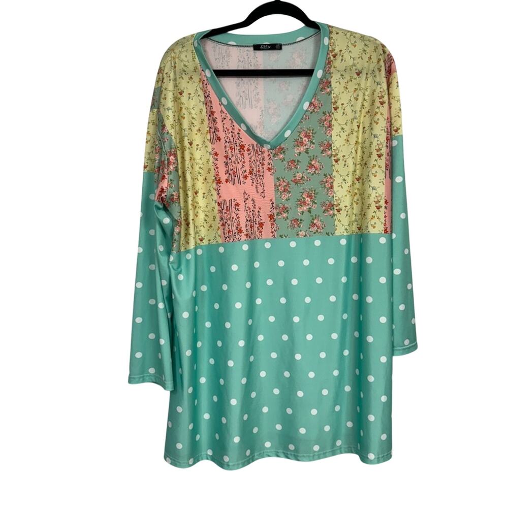 Lily Green Pink Floral Polka Dot Patchwork Blouse Womens 1X Boho Casual Spring